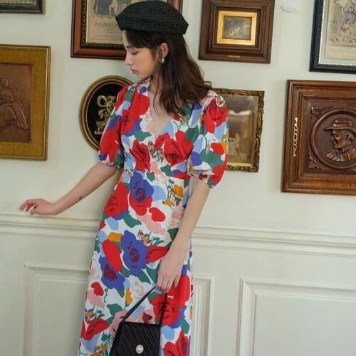 2021 Fashion Sexy V Neck Women Dress Print Floral Vintage Puff Sleeve Woman Dresses Korean Style Clothing Ropa Mujer WPY2708