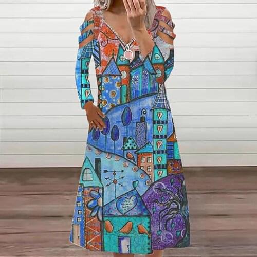 Art Print Womens Dress Womens Fashion Casual V-neck Long Sleeve Strap Off-shoulder Sexy Zipper Dress Damen Mode 2021 Kleider D