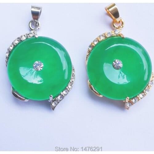 Classy Inlaid 18X18MM Green Jades Stone Rhinestone Hollow Cutting Safety Symbol Pendant 1PCS
