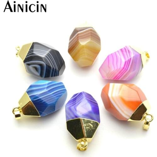 10pcs Mixed Color Semi-precious Stone Faceted Block Gold Plating Pendants For Men and WOmen Jewelry Making Materials