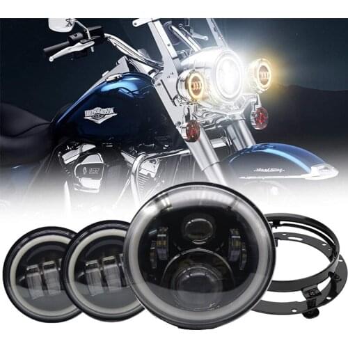 7'' LED Motorcycle Headlight 4.5" Passing Light + Mounting Bracket DRL Halo Head Light for Harley Mounting Bracket Wire adapter