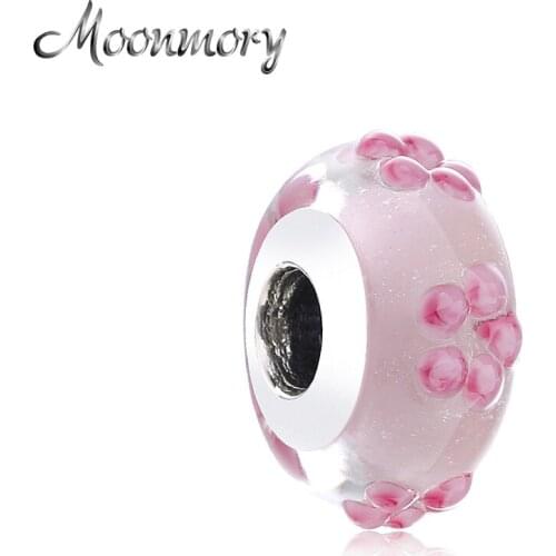 Moonmory 925 Sterling Silver 2020 New style Pink Flower Glass Charm bead Fits Brand Snake Bracelet DIY Jewelry Marking