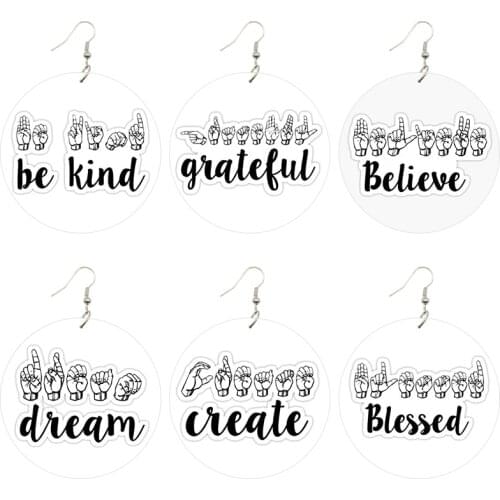 SOMESOOR Powerful Sayings Gesture Printed Wooden Drop Earrings Be Kind Believe Grateful Blessed Loops Dangle For Women Gifts