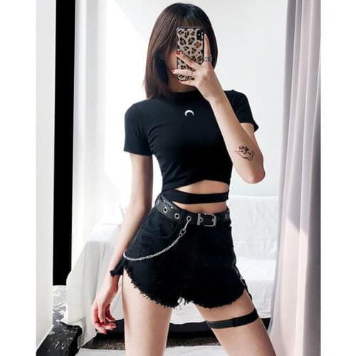 Punk Denim Shorts for Women Sexy Rivet Ring Harness Band Decoration Casual Summer Jeans Shorts Girls Black Shorts