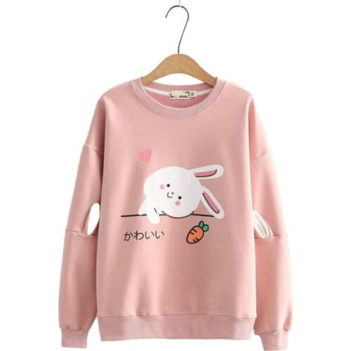 Fleece Plus Velvet O-neck Sweatshirts Harakuju Cartoon Rabbit Print Cute Hoodies 2020 Winter Long Sleeve Sweet Style Tracksuit