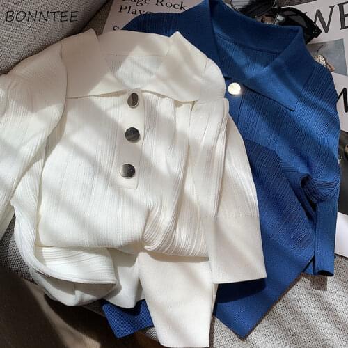 T-shirts Women Summer Textured Korean Style Elegant Knitted Short Sleeve Tops Slim Fashion Solid Single Breasted Lapel All-match
