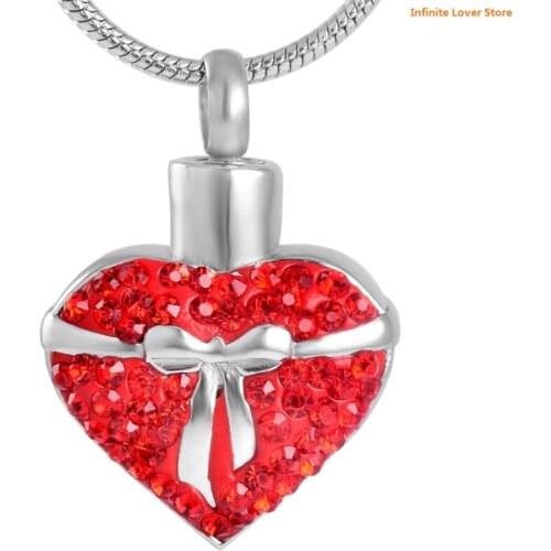 IJD8675 Bow-Knot On Red Heart Stainless Steel Cremation Jewelry for Women Cheap Price Wholesale Pet/Human Ashes Keepsake Jewelry