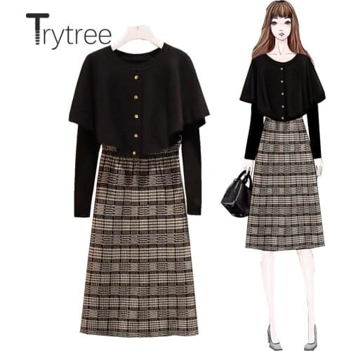 Trytree 2020 Spring Autumn Two piece set Casual O-neck Ruffles Button Knitting Black Top + Skirt Plaid Elastic Waist 2 Piece Set