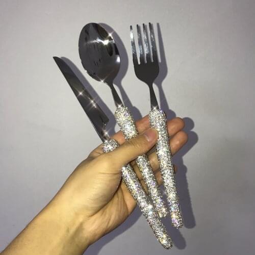 3 Piece Set Cutlery Rhinestones Knife Fork and Spoon Set 304 Stainless Steel Eco Friendly Travel Flatware Set Bling Dinnerware