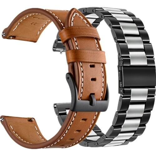 For Galaxy Watch 46mm Band 20mm 22mm Solid Stainless Steel and Leather Bracelet Strap for Samsung Galaxy Watch Active2 40mm 44mm