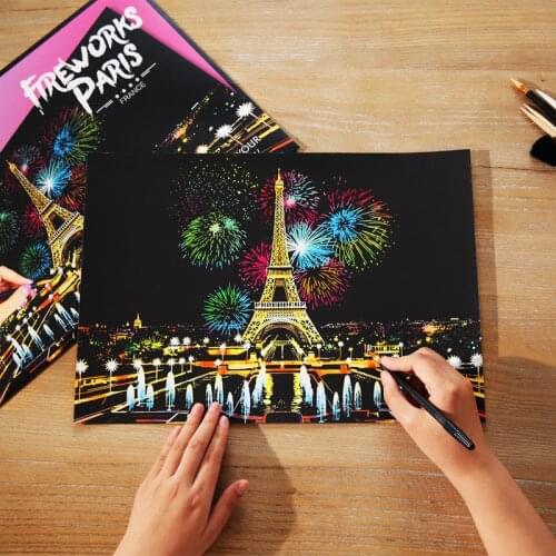 Handwork Night View Scraping Painting Famous City 40.5*28.5 CM Building Night Scenery Scratch Paper Art Drawing Toys For Kids