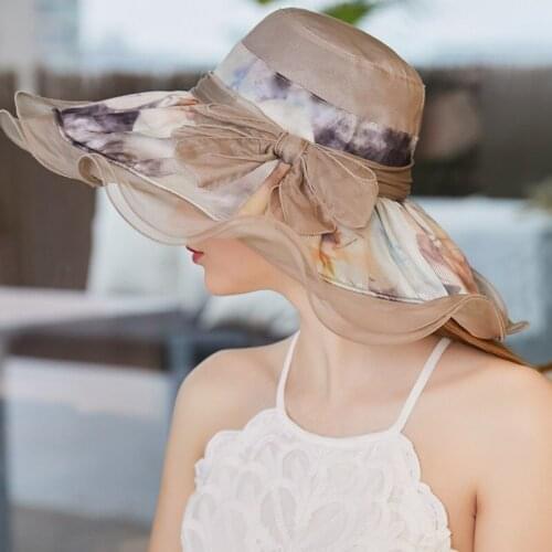Silk Sunshade Hat New Summer Ladies Wide Eave Bowknot Sunscreen Sunhat Women Fashion Sun Protection Korean Visor Cool Caps H6571