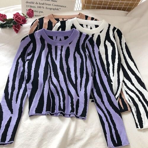Woman Knitted Sweaters Sweet Women Korean Loose Long Sleeve Pullover O-Neck Jumper Zebra Pattern Outwear Crop Tops Autumn New