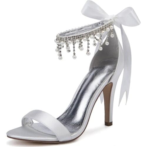 Sweet satin evening dress shoes ankle strap pearl rhinestone fringe tassel women sandals bridal wedding party prom high heels