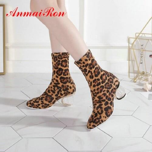 ANMAIRON 2020 Zip Basic Round Heels Leopard Print Sexy Winter Boots Women Round Toe Flock Ankle Boots for Women Size 34-43