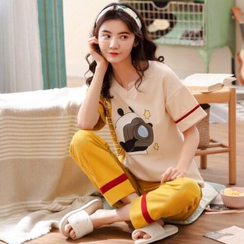 Women new summer pure cotton pajamas fresh and sweet Korean home short sleeve trousers casual thin two piece pajama sets pajamas