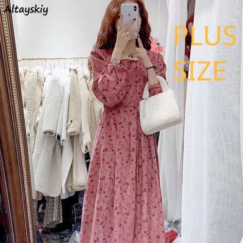 Mid-calf Length Dresses Women Floral O-neck Lantern Sleeves Sash High Waist Sweet Korean Style Elegant Spring Plus Size Popular