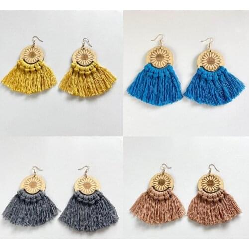 Laser Engraving Sunflower Wood Disc Fan Fringe Earrings for Women Fashion Wave Tassel Statement Earrings Fall Jewelry Wholesale