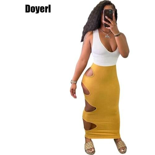 Sexy Bandage Two Piece Skirt Set Matching Sets Cute Hollow Out Yellow Midi Skirt Co Ord Set Women Summer 2 Piece Club Outfits