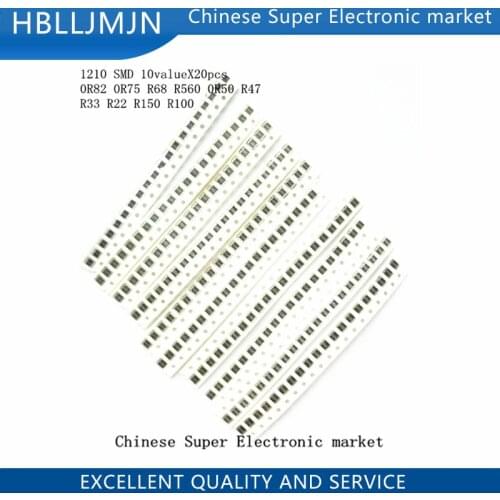 200PCS 5% 1210 SMD resistors assorted kit set ,10 valueX20pcs=200pcs 0R82 0R75 R68 R560 0R50 R47 R33 R22 R150 R100