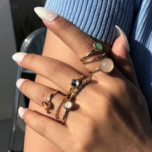 AOMU 2021 Simple Fashion Vintage Women Ring Colorful Round Resin Metal Ring Set For Women Girls Wedding Party Jewelry