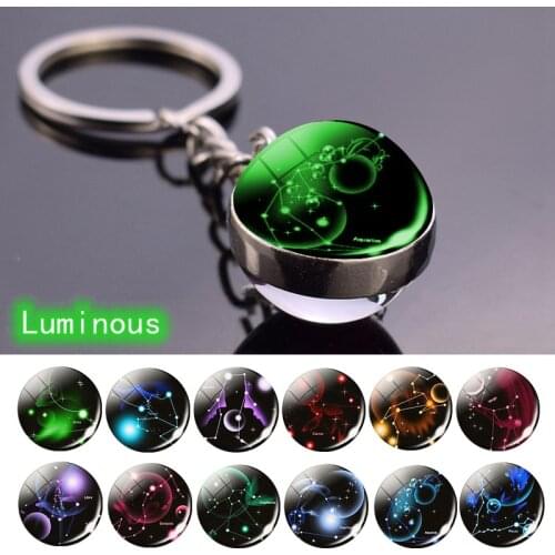 12 Constellation Luminous Keychain Glass Ball Pendant Zodiac Keychain Glow In The Dark Key Chain Holder Men Women Birthday Gift