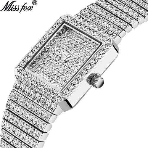 MISSFOX Diamond Watch For Women Luxury Brand Ladies Gold Square Watch Minimalist Analog Quartz Movt Unique Female Iced Out Watch