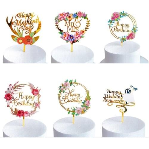 Flowers Happy Birthday Cake Topper Golden Acrylic Birthday Party Dessert Decoration for Baby Shower Baking Supplies Cake Tools