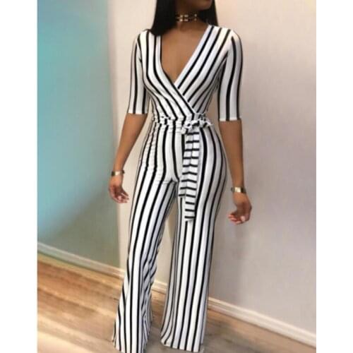 Elegant Striped Sexy Rompers Womens Deep V Neck Jumpsuit Half Sleeve Bow Casual Slim Jumpsuits Overalls