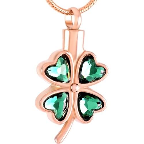 IJD8223 Green Crystal inaly 316L Stainless Steel Four Leaves Clover Cremation Urn Necklace Memorial Keepsake Ashes Jewelry