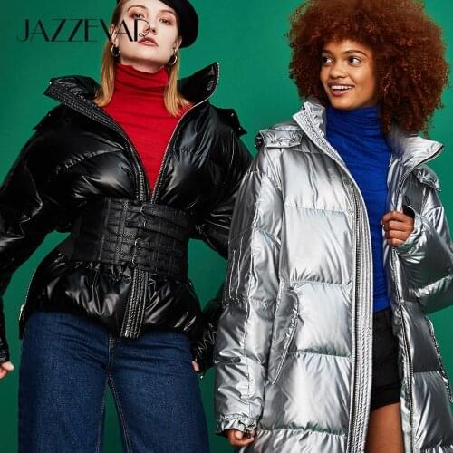 JAZZEVAR 2020 Winter New Fashion Street Womens Edgy Sliver Long Down Jackets Cool Girls Zipper Hooded Down Coat Outerwear z18004