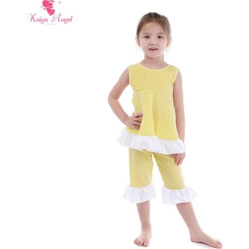 Kaiya Angel Fashion Children Boutique Kids Toddler Girls Spring Summer Autumn Winter Pink Dark Blue Yellow Plaid Bow Clothes Set