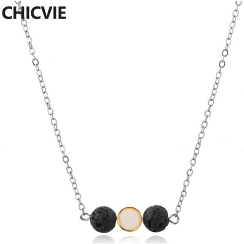 CHICVIE Fashion Charm Round Beaded Necklace Silver Chakra Lava Stone Long Necklace Crystal Statement Pendant Necklaces SNE190018