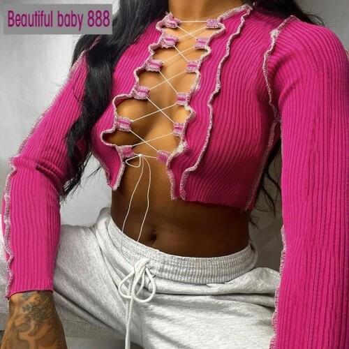 Meqeiss New Long Sleeve Sexy Lace Up Tie Front T-Shirts Summer 2020 Hot Sale Ruffles Crop Top Shirts Slim Knitted Streetwear