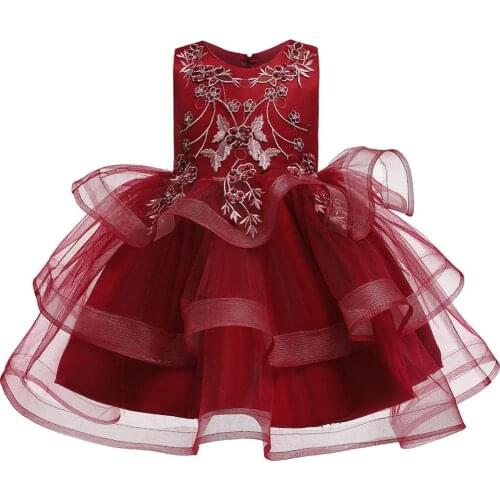 Baby girl cute embroidered bowknot multi-layer gauze puffy princess dress flower girl dress knee-length dress stage costume