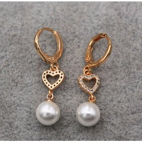 Trendy Gold Plated Copper Drop Heart Pearl Earrings White Zirconia For Women Fashion Jewelry Accessories Wedding Anniversary Gif