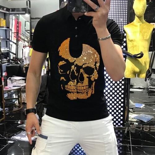 Four Seasons Colorful Rhinestone Mens Breathable Tops Skull Pattern Short Sleeve Gradient Reflective Stretch Polo Shirt