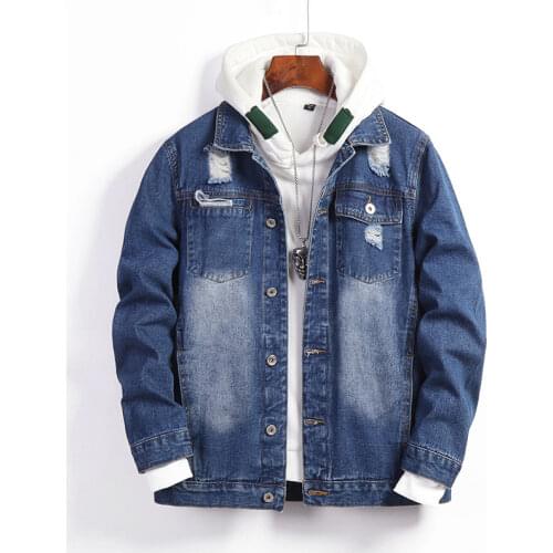 Spring New Mens Hole Denim Jacket High Quality Cotton Streetwear Mens Fat Jean Jacket Plus Size Blue Coats Brand Clothes 7xl