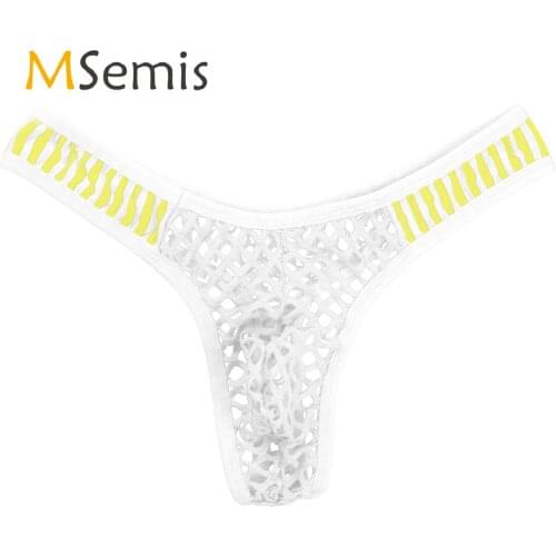 Mens Lingerie Gay Underwear Hollow Out Fishnet Briefs Low Waist Striped Bulge Pouch Underpants Sexy Thongs See-through Panties