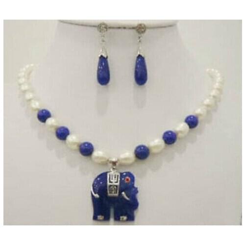 White Freshwater Cultured pearl & blue jade elephant pendant necklace earrings set