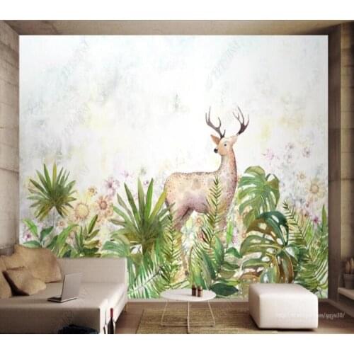 Custom papel parede Nordic plant green leaf elk hand drawn for living room bedroom sofa background wall decoration wallpaper