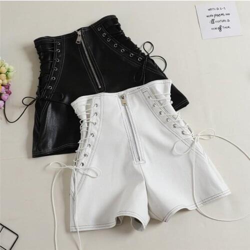 Autumn women PU shorts tie high waist shorts women casual black shorts women with wide leg shorts shorts
