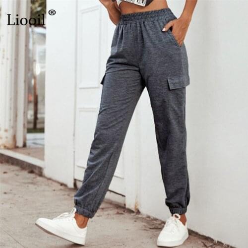 Liooil Casual Loose Sweatpants High Waist Trousers With Pocket 2021 Streetwear Black White Baggy Joggers Female Sexy Sweat Pants