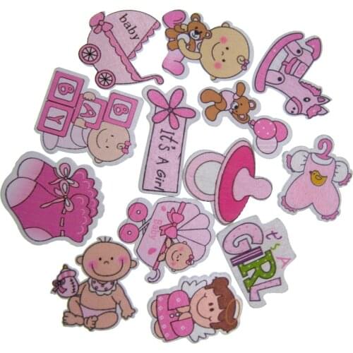 20/40Pcs Mixed pink painted wood crafts Buttons Cartoon baby shower wooden buttons for scrapbooking Party DIY Decorations