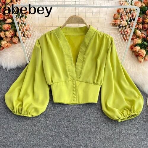 2021 New Spring Autumn French V-neck Lantern Sleeve Shirt single breasted high waist pleated solid color short Shirt Top