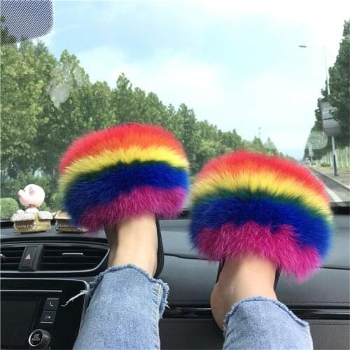 Summer Womens Real Fox Fur Slippers Ladies Fashion Slides Female Furry Party Sandals Fluffy House Shoes Girls Cute Flip Flops