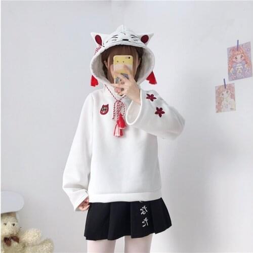White Fox Cosplay Tassel Hoodies Shrine Witch Embroidery Sweatshirts Kawaii Women Plush Pullovers Cute Japanese Anime Clothing
