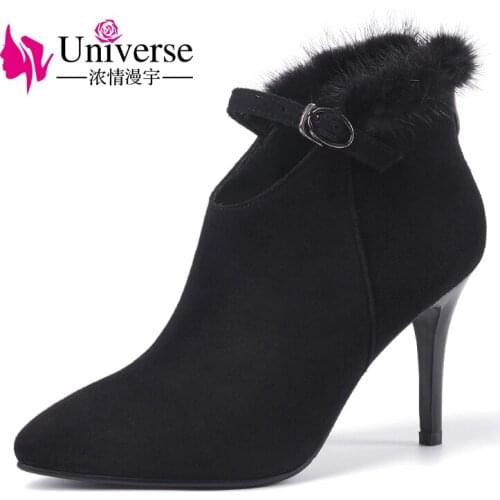 Universe elegant thin heel winter boots real fur ladies shoes pointed toe kid suede ankle boots with buckle G317