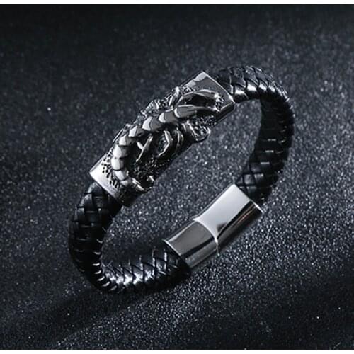Vintage European And American Scorpion Punk Leather Bracelet Stainless Steel Magnet Buckle Boutique Bracelet Leather Bracelet