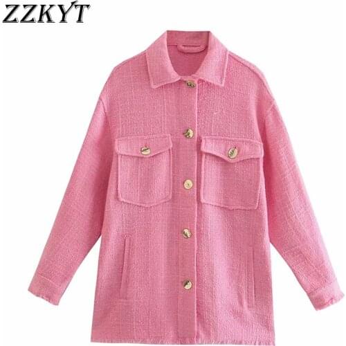 ZZKYT 2021 Women Autumn Vintage Solid Tweed Jacket Coat Fashion Lapel Collar Long Sleeve Pockets Office Lady Female Chic Tops